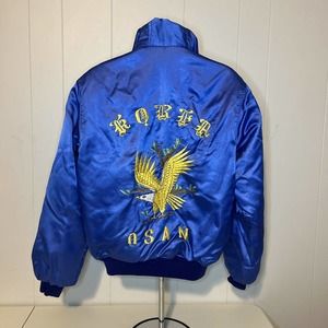 Vintage Korea Satin Jacket Embroidered Eagle Osan Blue size Large